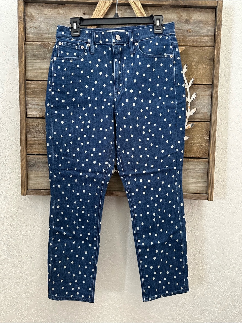 Madewell The High Rose Slim Crop Boyjean Polka Dot Dark Blue Jeans 27 NWT